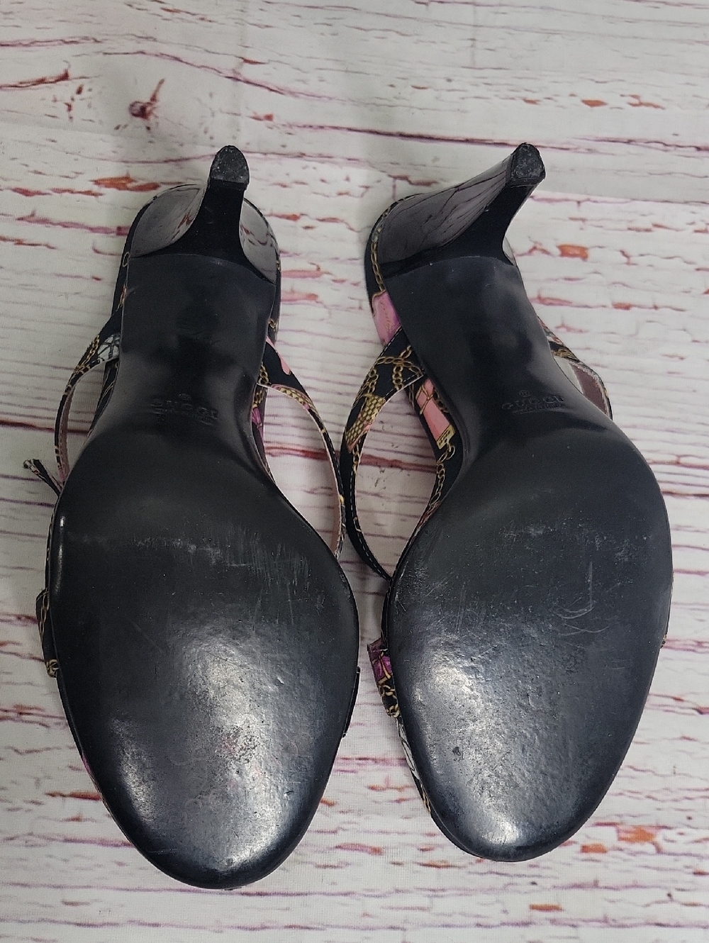 Gucci Techno Charms Print Pink & Black High Heel Sandals - Picture 7 of 9